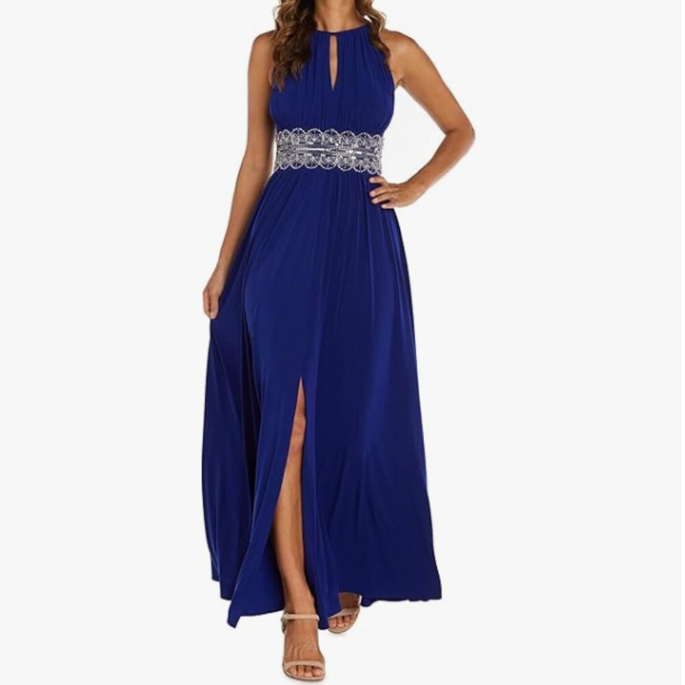 R&M Richards Women's Embellished Front Slit Gathered Halter Dress Size 8 Petite